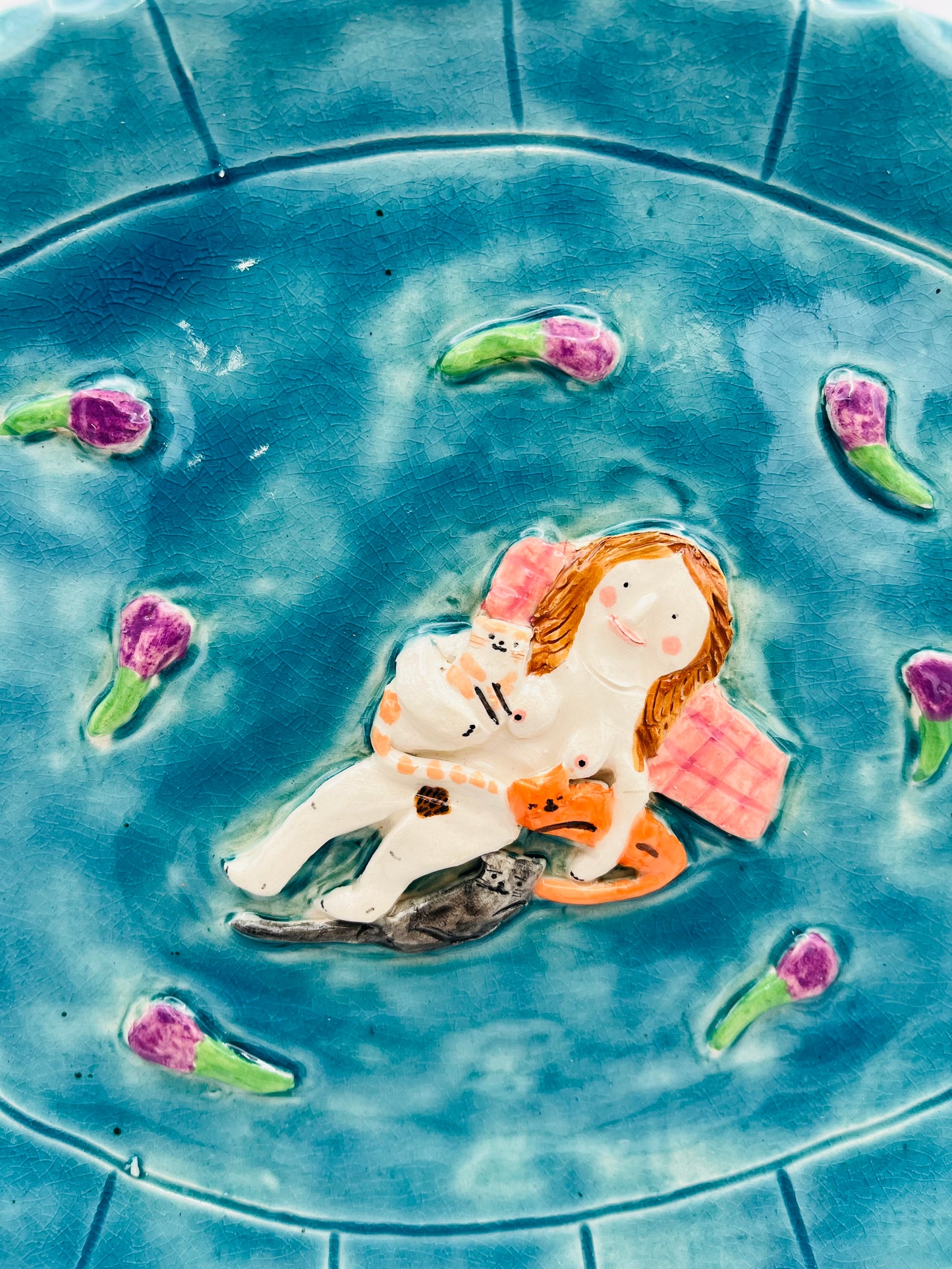 Lady reclining with cats and flowers plate