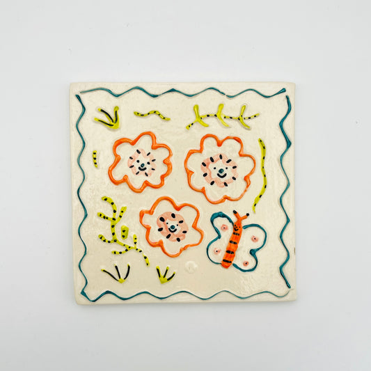 Butterfly and flowers ceramic tile