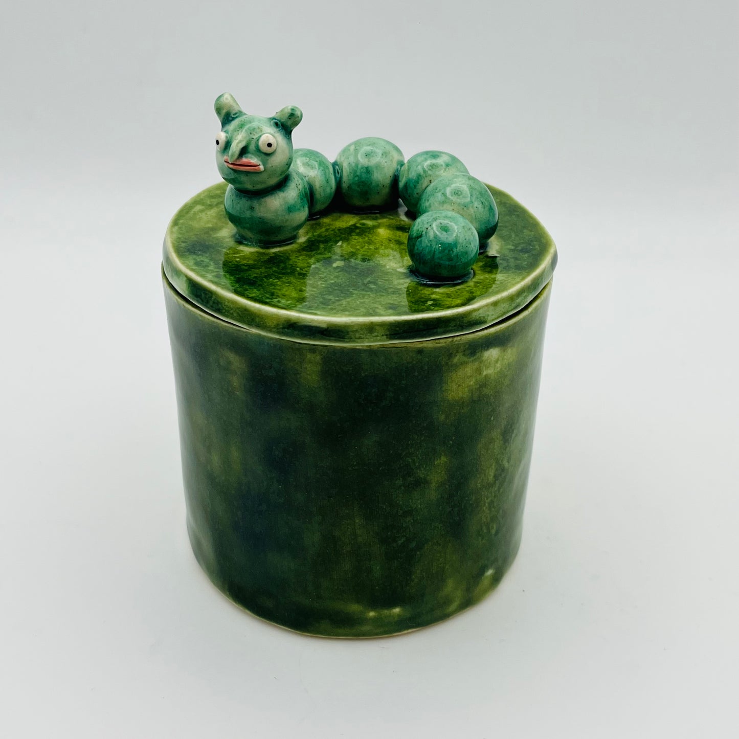 Caterpillar lidded pot