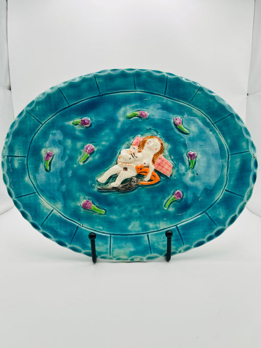 Lady reclining with cats and flowers plate